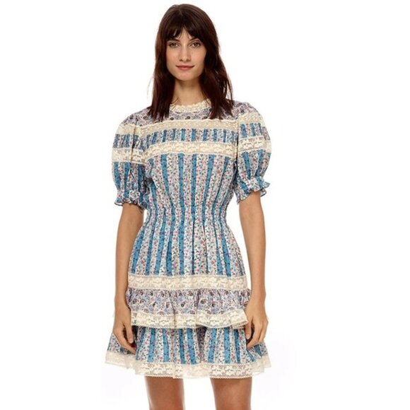 Stellah Size Small Floral Victorian Print Mixed Lace Trim Puff Sleeve Dress - Picture 12 of 12